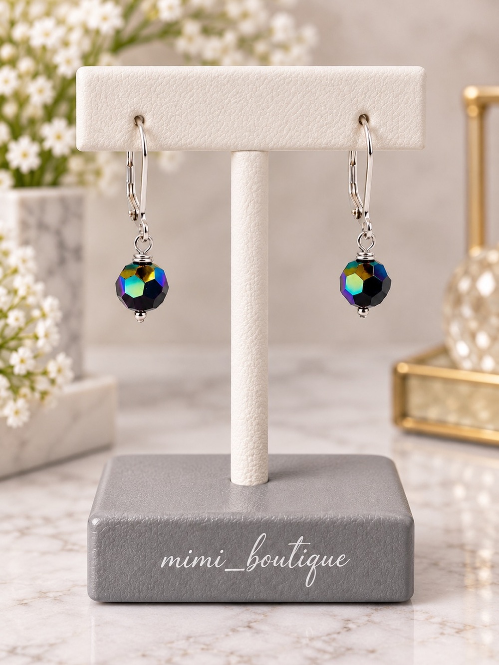 Handmade Swarovski Jet Black AB Crystal Earrings